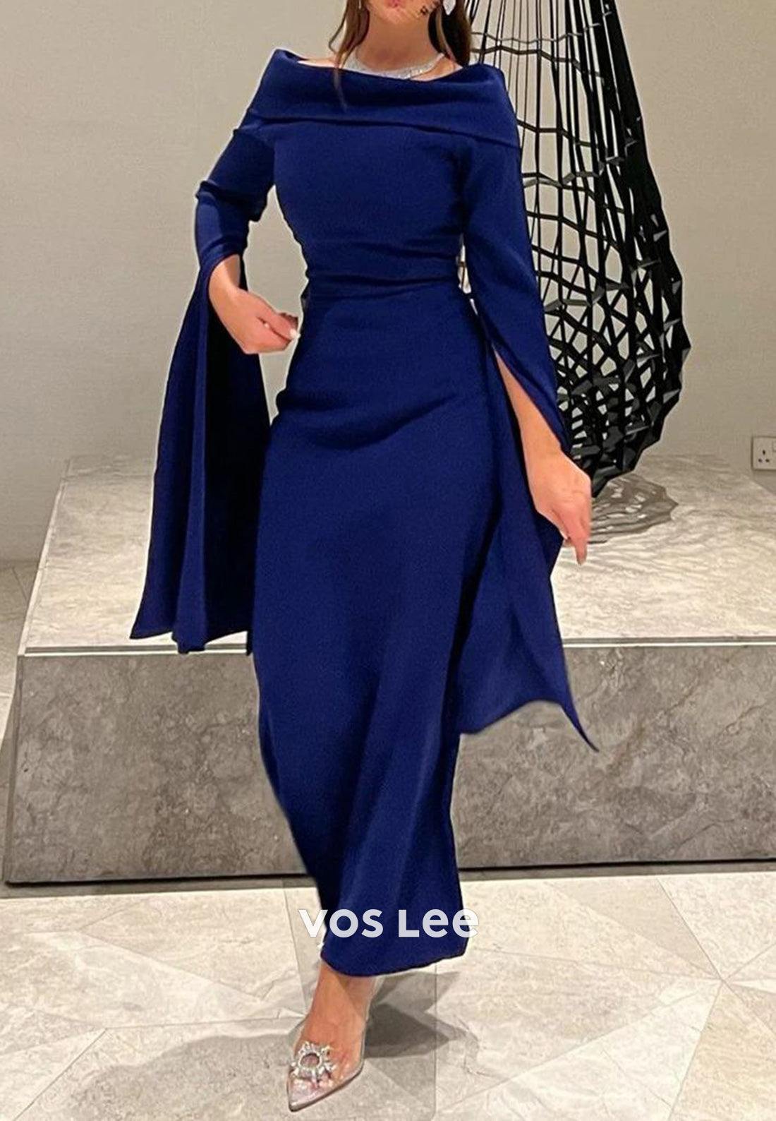 Simple and Sexy Long Sleeve Off the Shoulder Pleated Mermaid Evening Dresses