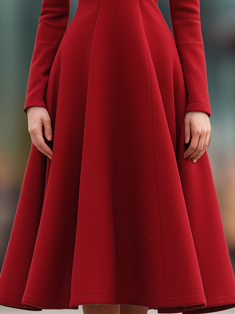 Crimson High-Neck Fit-and-Flare Midi Dress