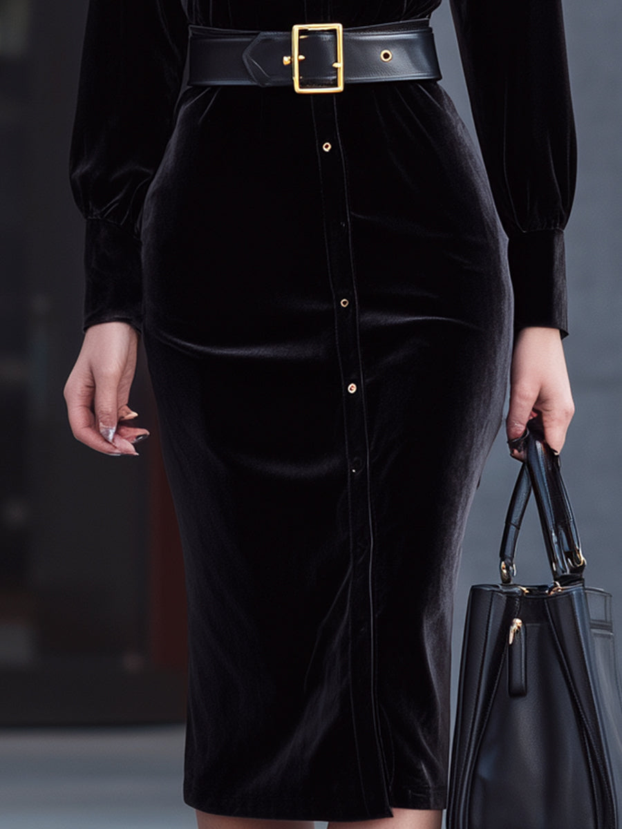 Noir Elegance Velvet Belted Midi Dress
