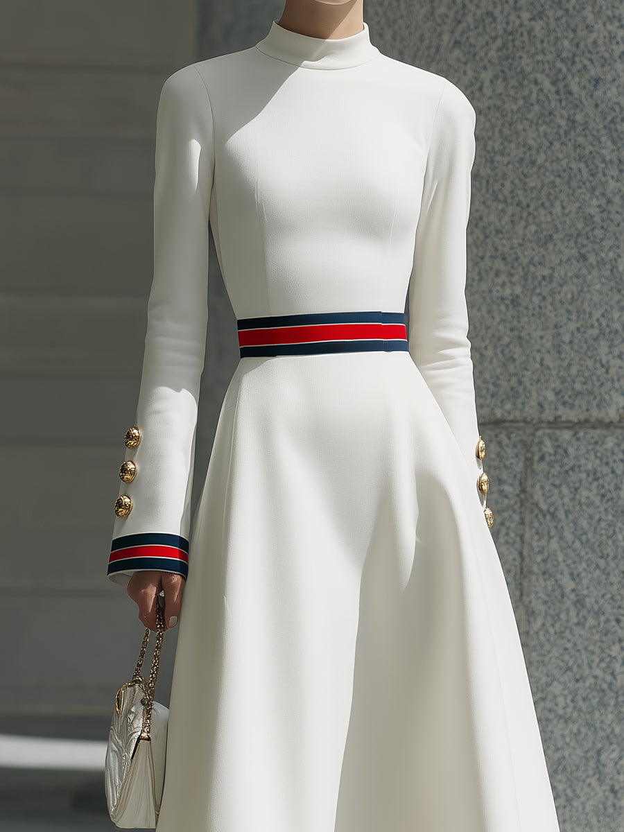 White Long-Sleeve A-Line Dress With Stripe Detail