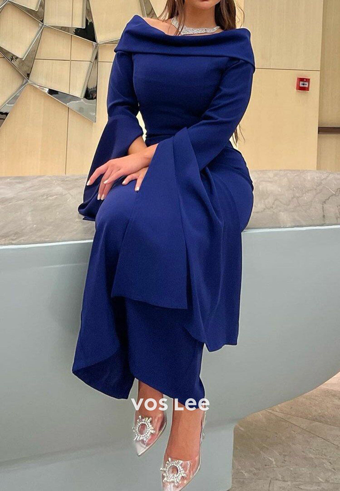 Simple and Sexy Long Sleeve Off the Shoulder Pleated Mermaid Evening Dresses