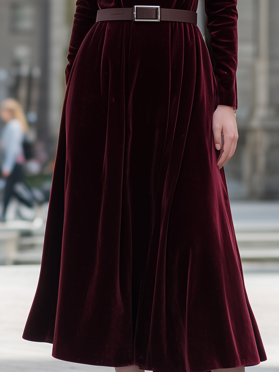 Burgundy Velvet Midi Dress With Square Neckline
