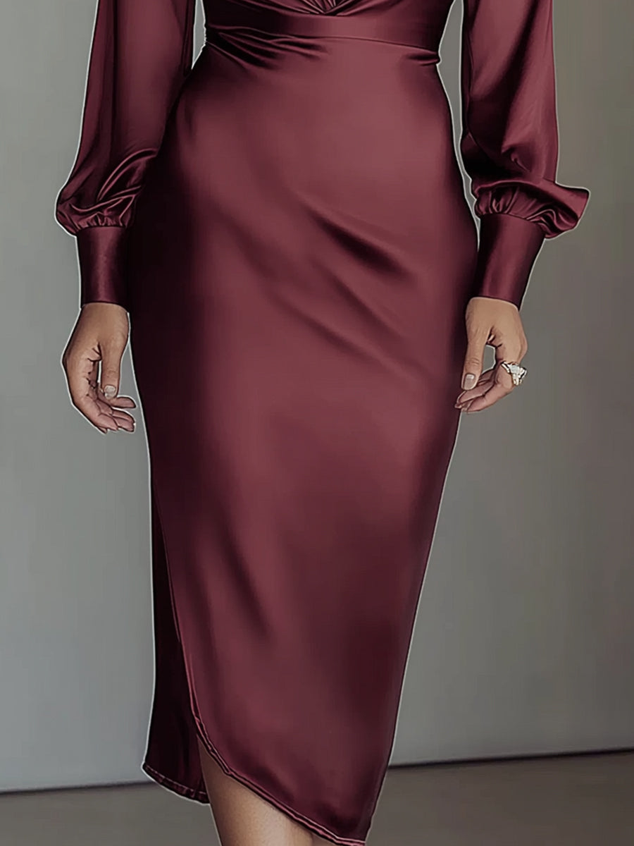 VOS LEE Burgundy Satin Ruched Midi Dress
