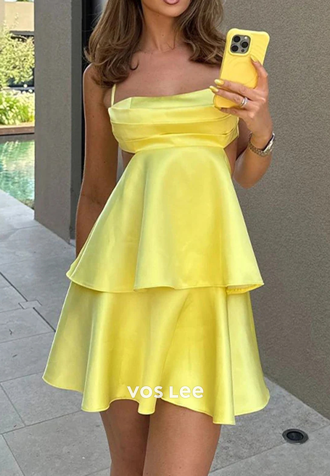 A-Line Spaghetti Straps Square Tiered Pleated Homecoming Dresses