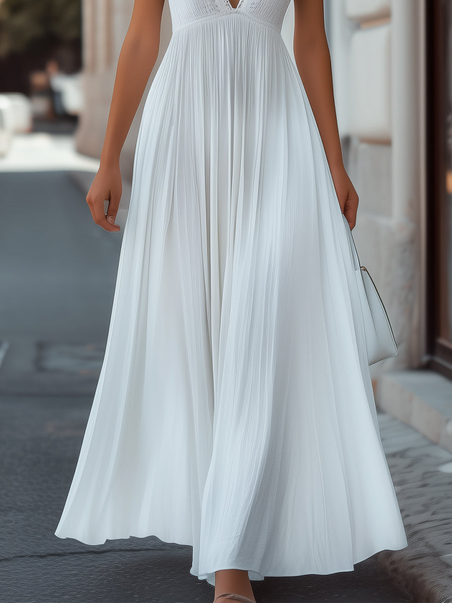 Grecian-Inspired Pleated Halter Maxi Dress Wedding Guest Dresses
