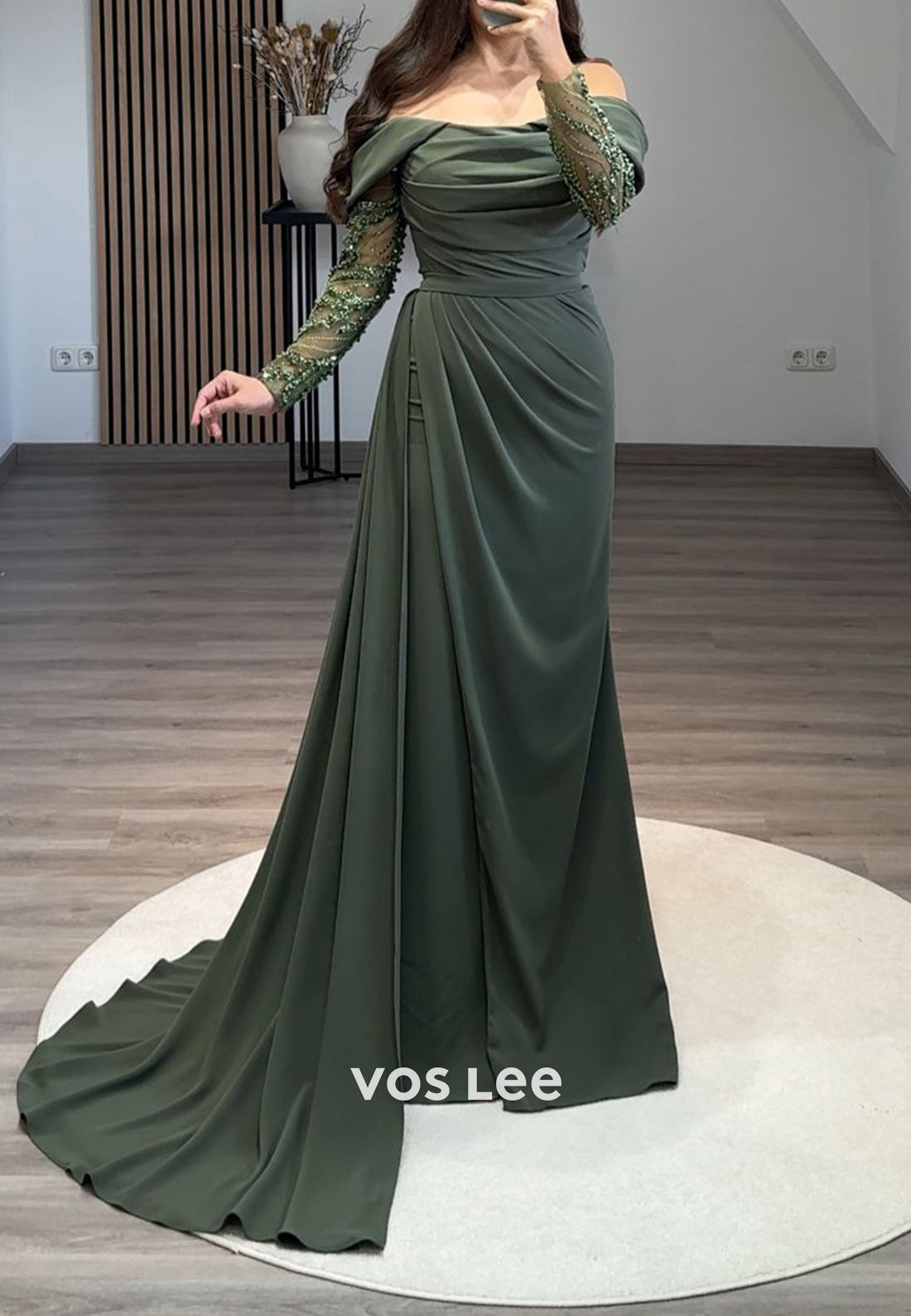 Formal Beaded Off Shoulder Sleeves with Train Sheath Evening Party Dress