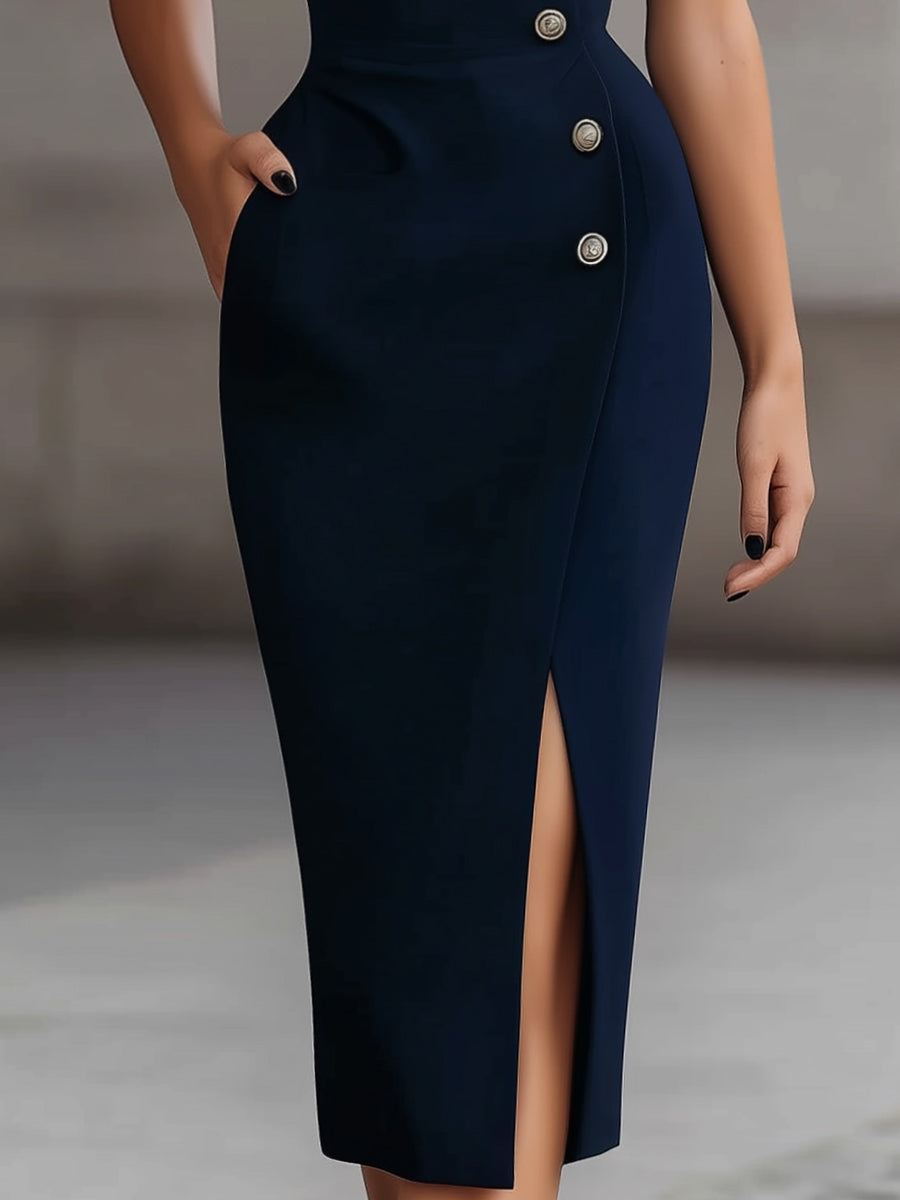 Sleeveless Shawl Collar Button-Front Midi Dress