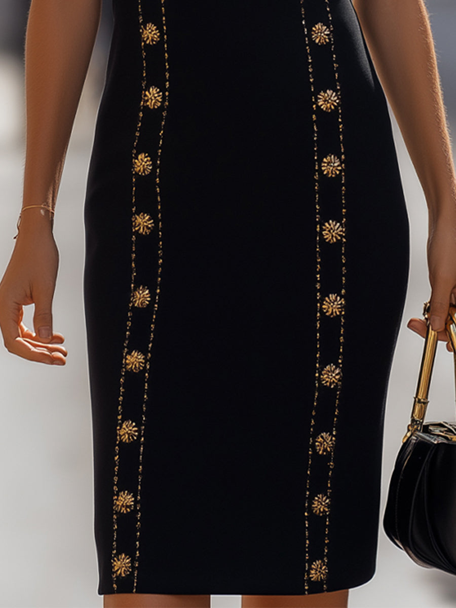 Stylish Sleeveless Sheath Dress With Gold Embellishments