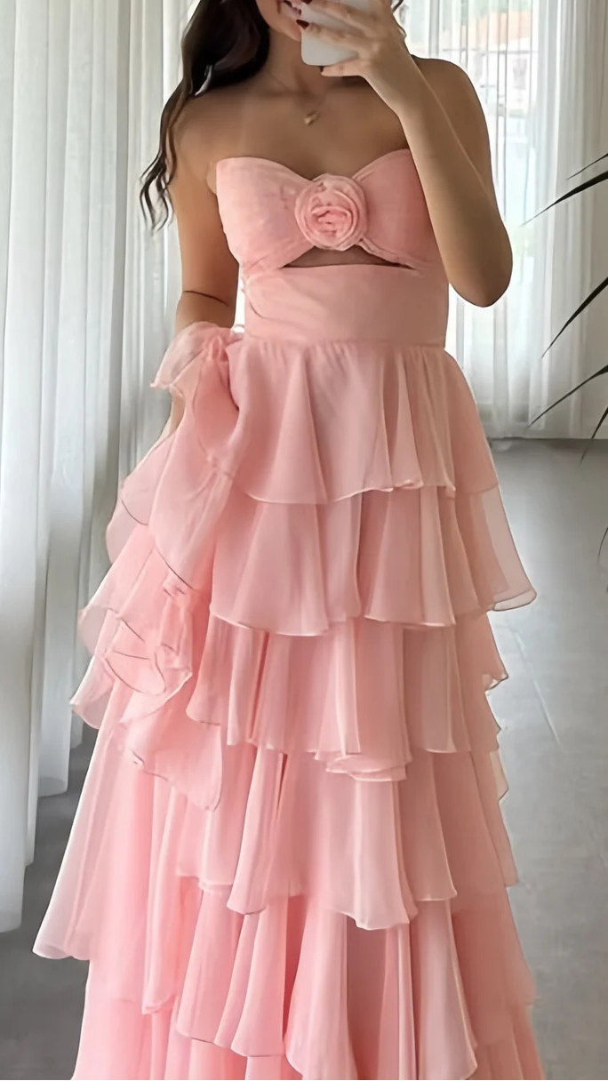 Blush Pink Chiffon Ruffle Prom Dresses Layered Birthday Long Prom Gown