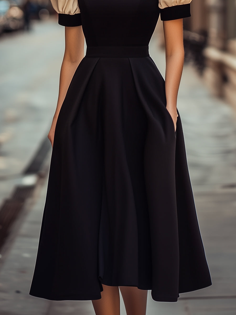 Vintage Puff Sleeve Midi Dress With High Neck