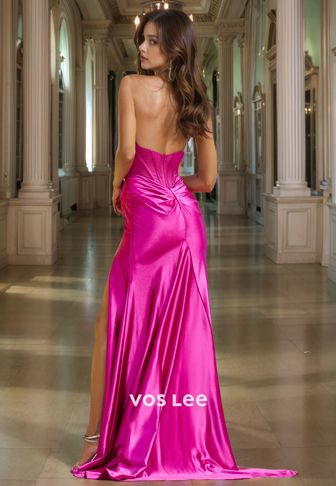 Elegant V-Neck Fuchsia Halter Prom Dress Backless Side Slit Sexy Evening Dresses