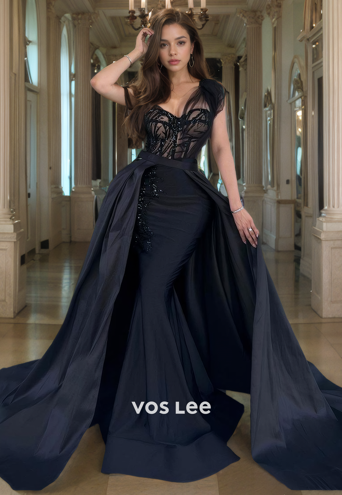 Elegant Sweetheart Mermaid Black Prom Dresses with Detached Train Satin Night Party Dress Elegant Sweetheart Mermaid Black Prom Dresses with Detached Train Satin Night Party Dress