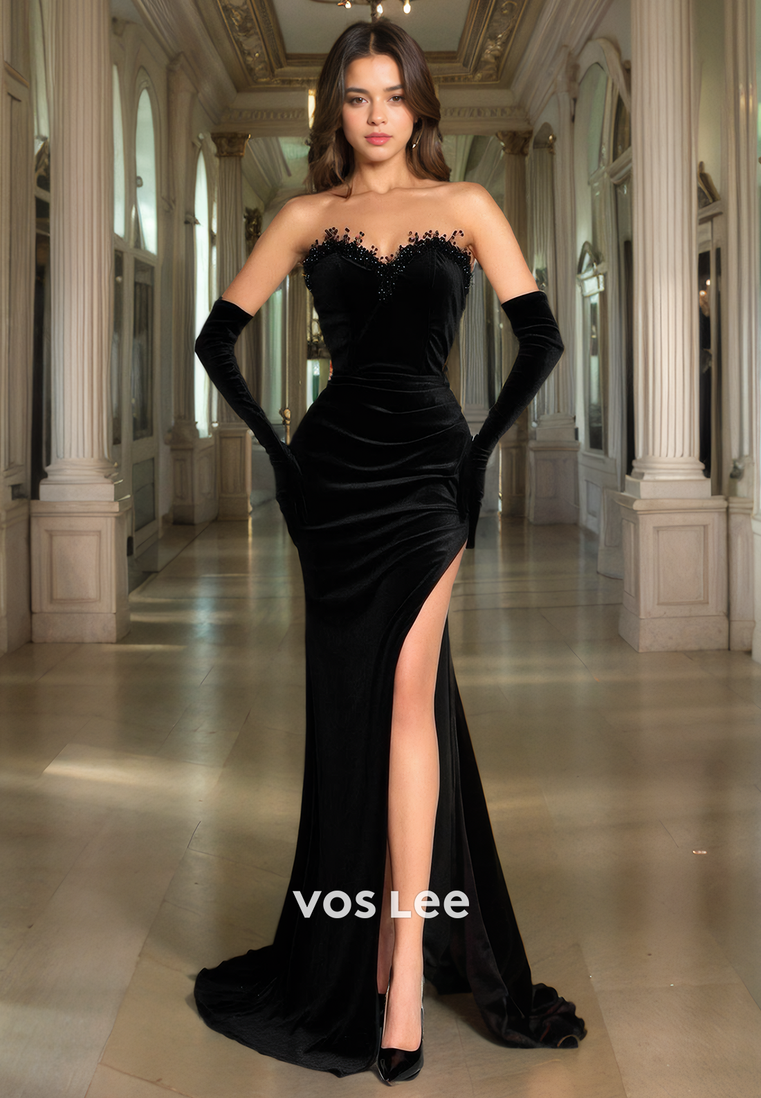 Classy Strapless Velour Mermaid Prom Dress Sweetheart Floor Length Long Train with Free Gloves