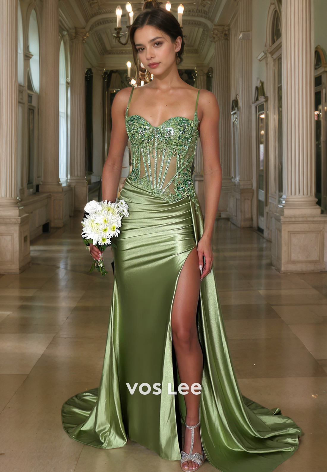 Gorgeous Spaghetti Straps Satin Prom Dress with Slit Sweetheart Lace Zipper Back Party Dress