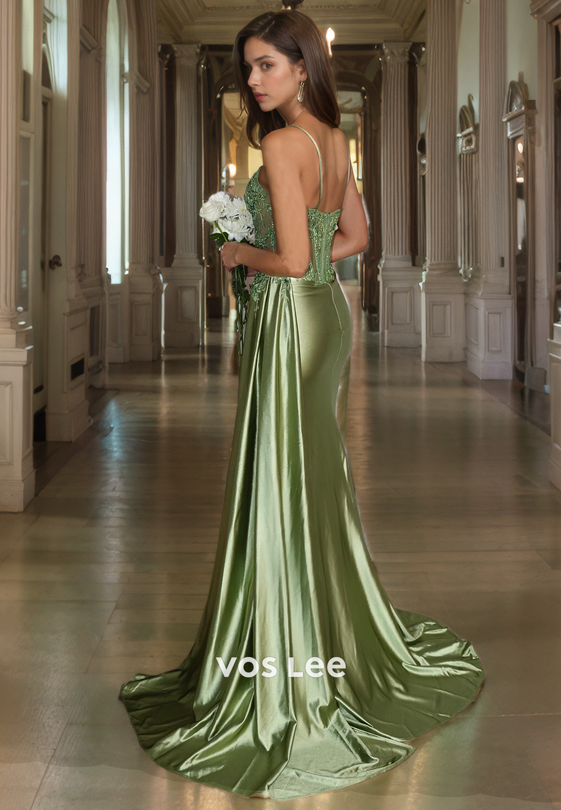 Gorgeous Spaghetti Straps Satin Prom Dress with Slit Sweetheart Lace Zipper Back Party Dress