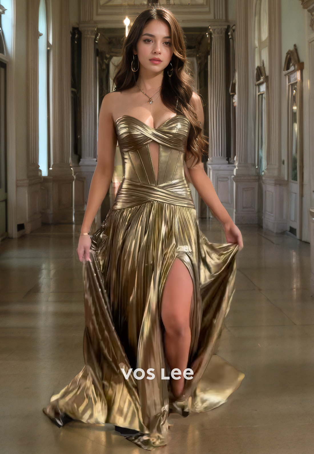 Luxurious Sweetheart Gold Strapless Prom Dress with Slit Pleated Sleeveless Formal Cocktail Dresses