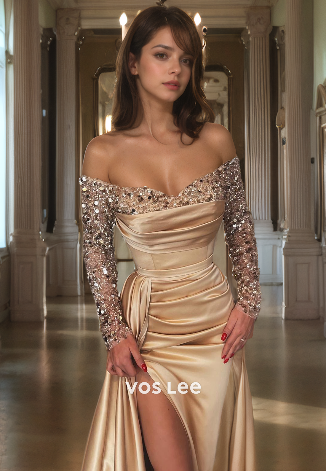 Sparkly Sweetheart Satin Evening Prom Dresses with Long Sleeves Satin Pleated Champagne Party Dress