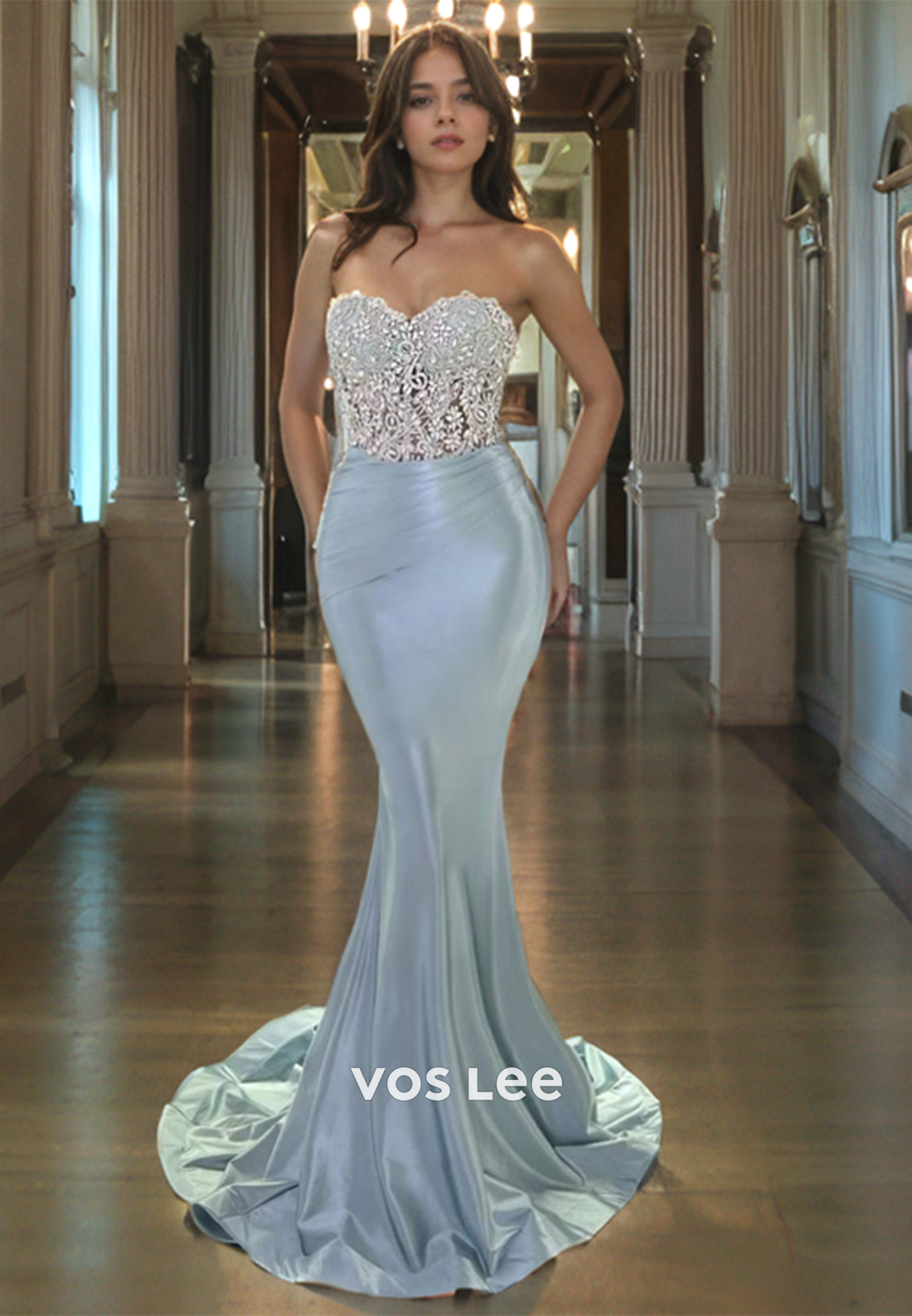 Elegant Sweetheart Sky Blue Mermaid Prom Dress Strapless Floor Length Appliqued Cocktail Dress