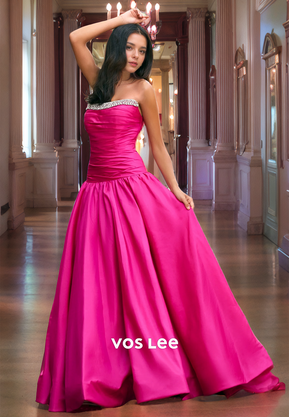 A-Line Strapless Beaded Sweep Train Pleatd Satin Prom Dress