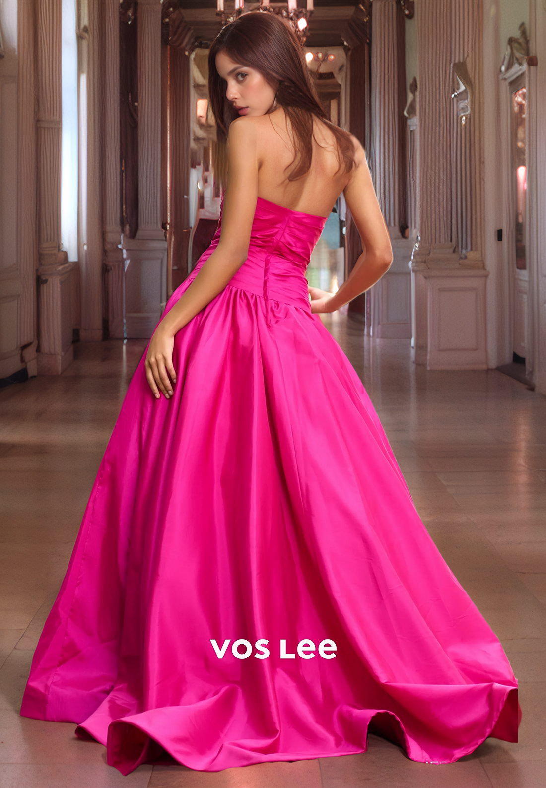 A-Line Strapless Beaded Sweep Train Pleatd Satin Prom Dress