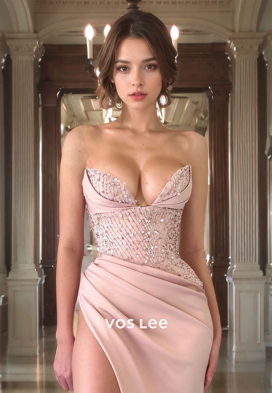 Sexy & Hot Sheath/Column V-Neck Strapless Ankle-Length Pleated Prom Dress with High Slit