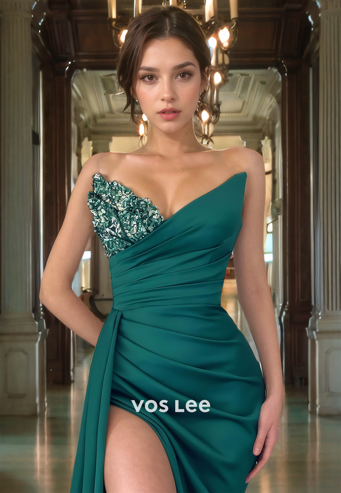 Sheath/Column V-neck Strapless Draped Dark Green Prom Dress with High Slit