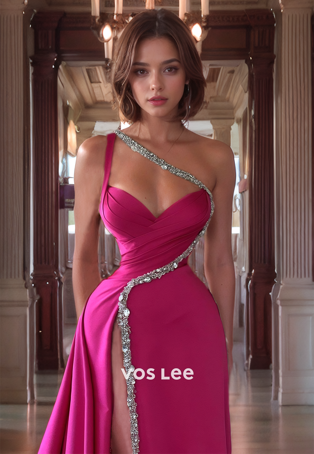 A-Line One Shoulder High Slit Prom Dress with Rhinestone Straps