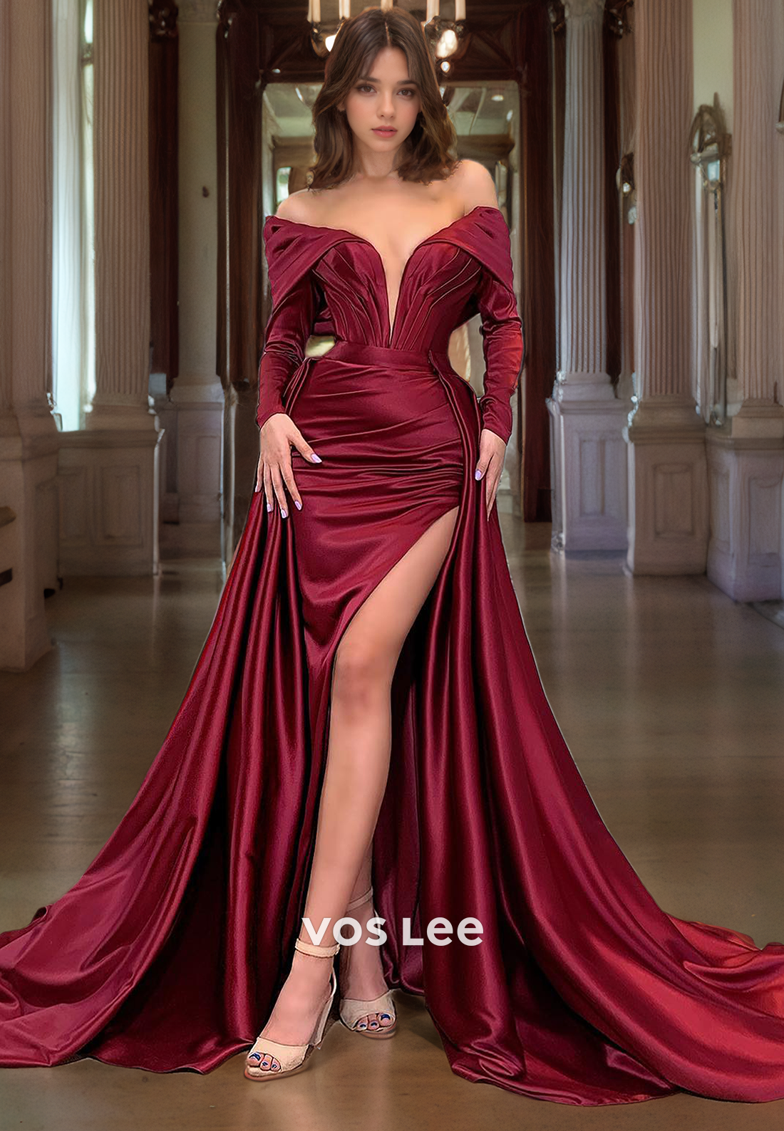 Trumpt/Mermaid Off Shoulder Court Train Sleek Burgundy Satin Prom Dress