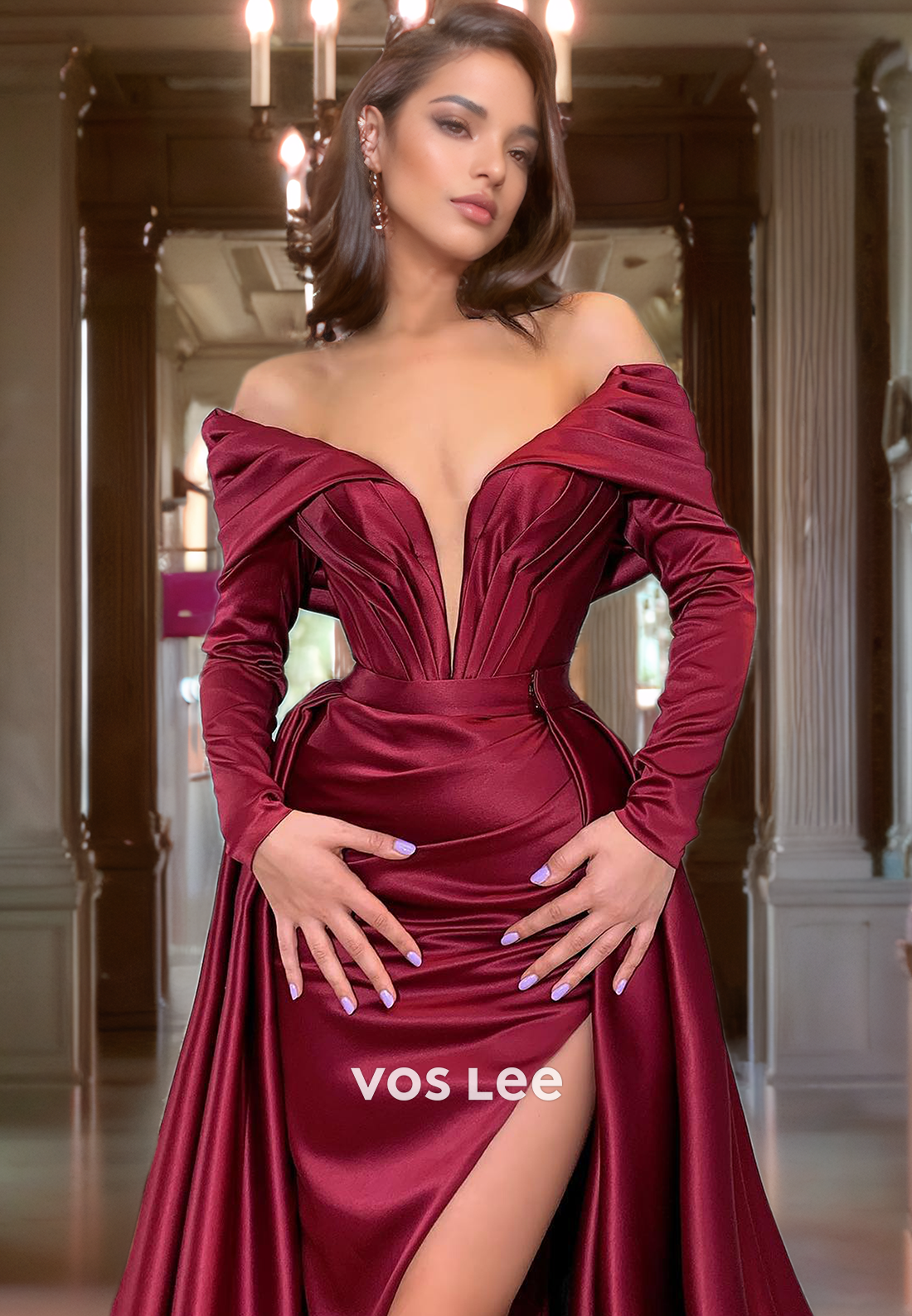 Trumpt/Mermaid Off Shoulder Court Train Sleek Burgundy Satin Prom Dress