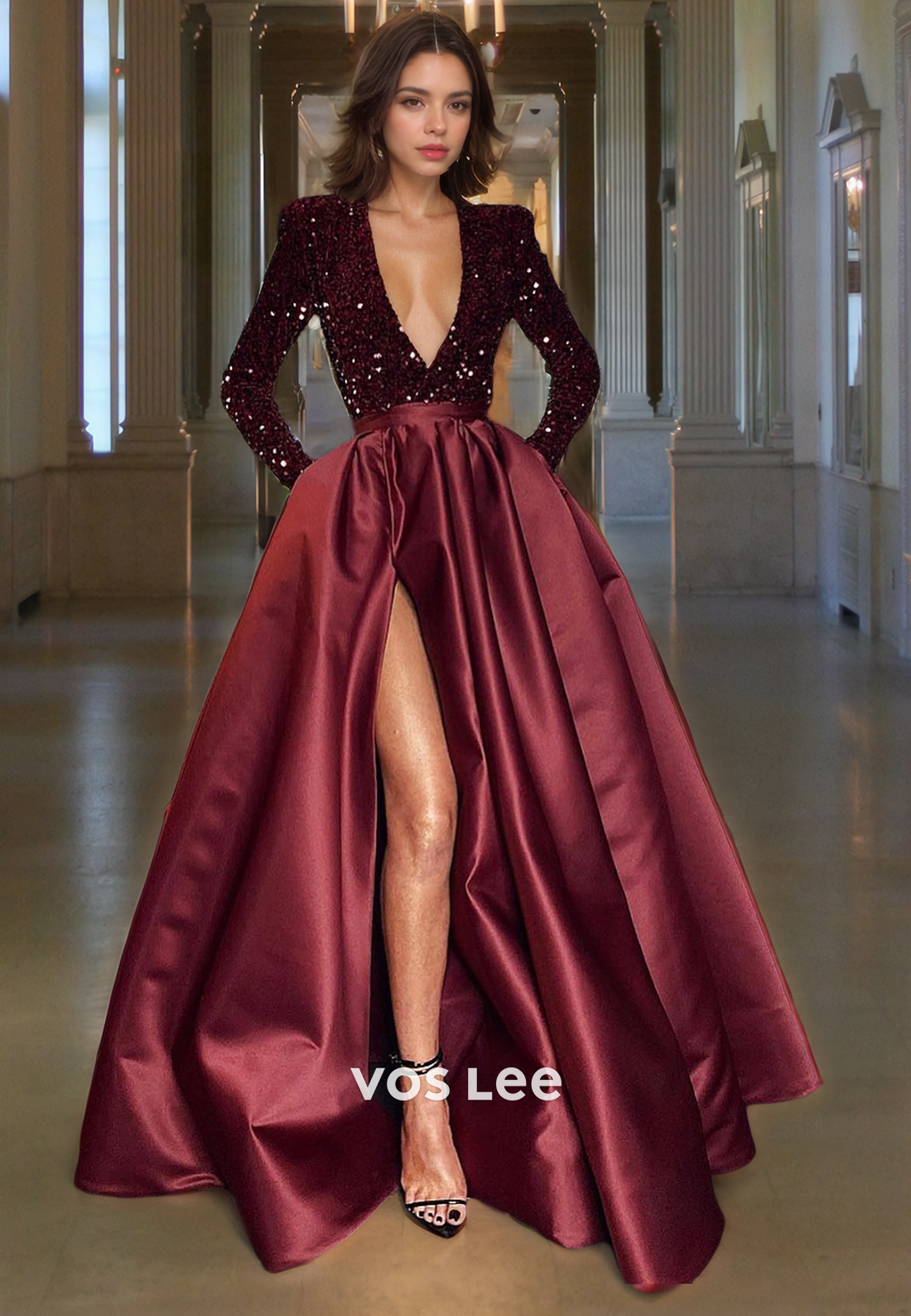 A-Line Low-V-Neck Sequin Top Floor-Length Satin Prom Dress with High Slit