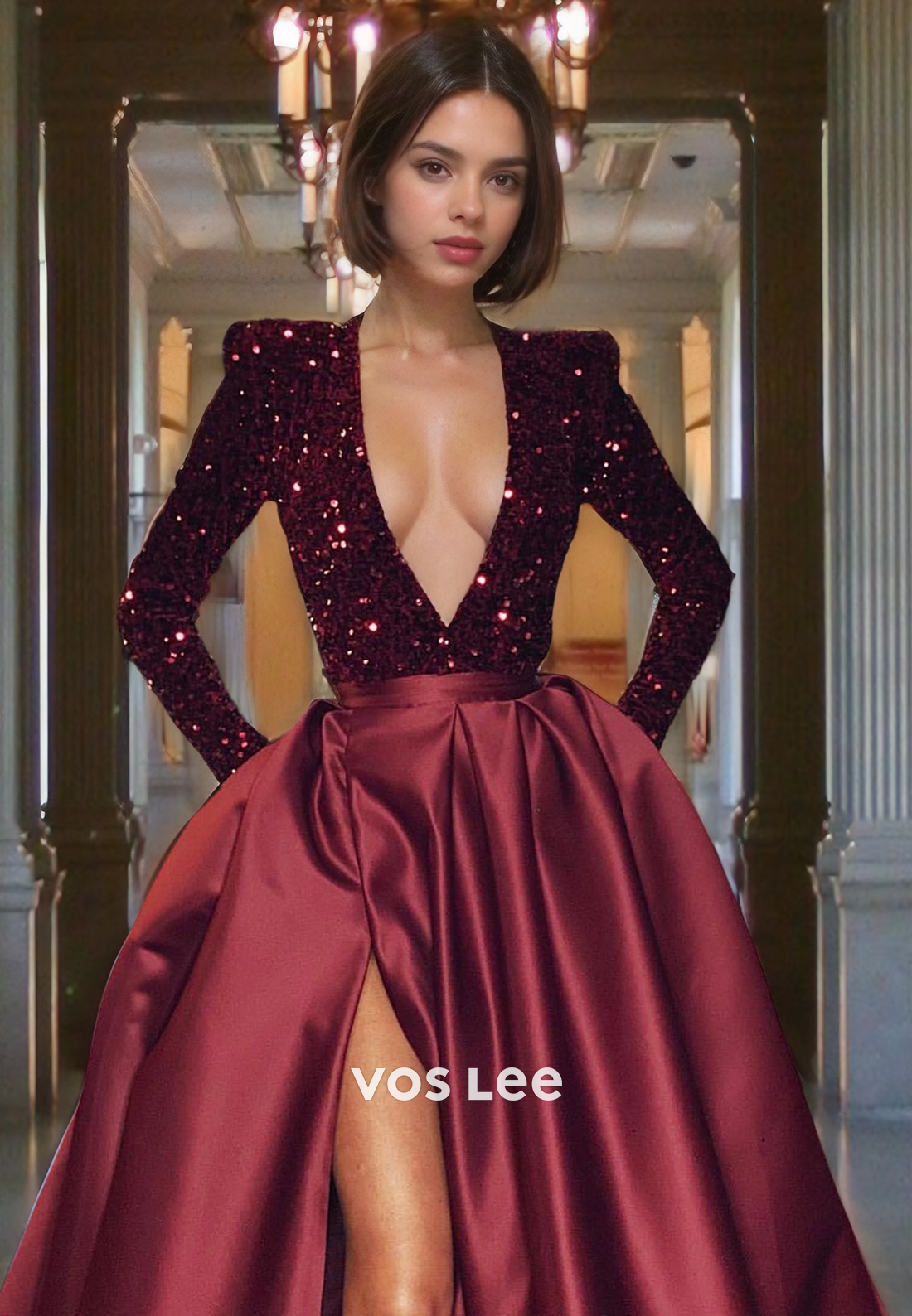 A-Line Low-V-Neck Sequin Top Floor-Length Satin Prom Dress with High Slit