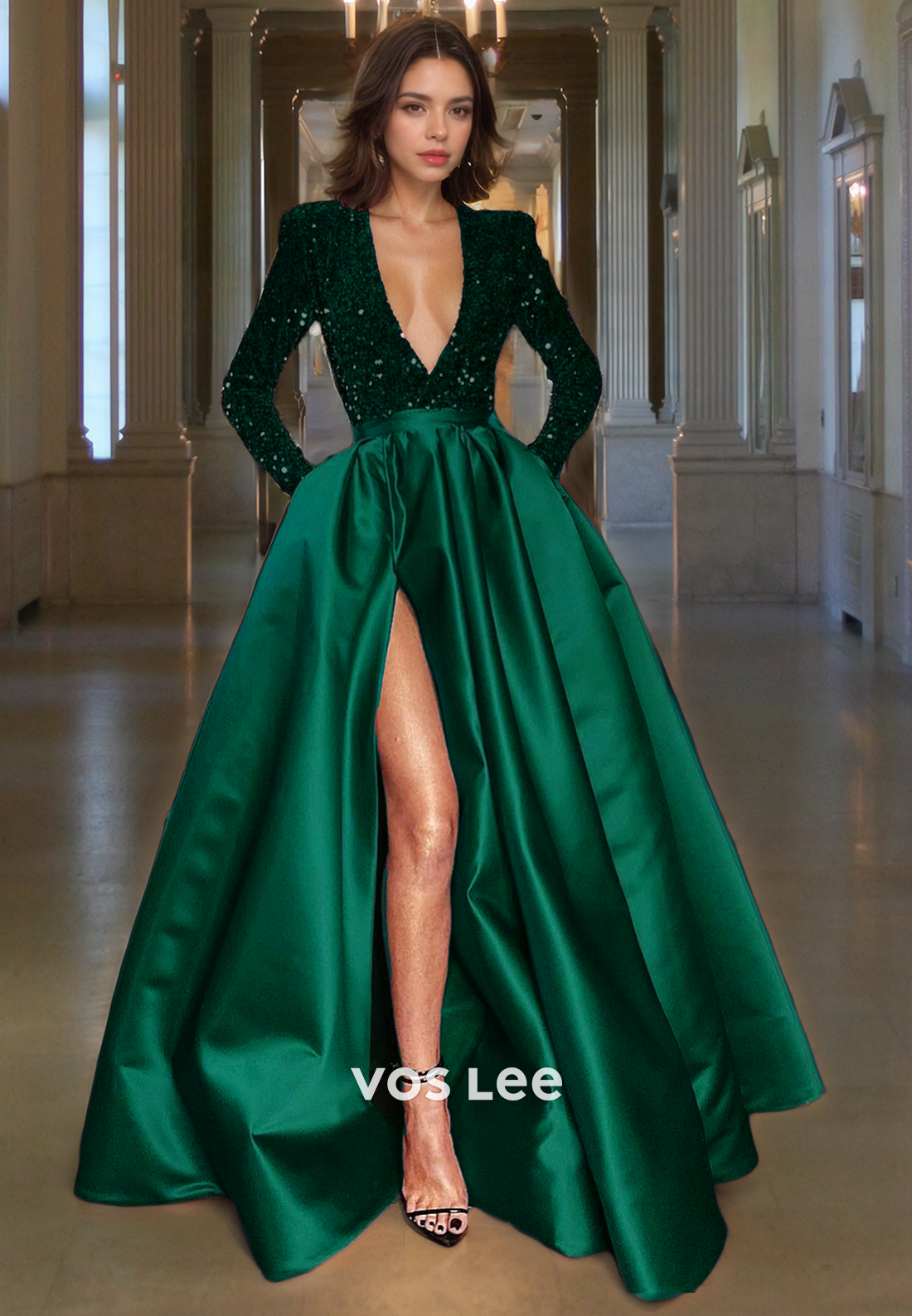 A-Line Low-V-Neck Sequin Top Floor-Length Satin Prom Dress with High Slit