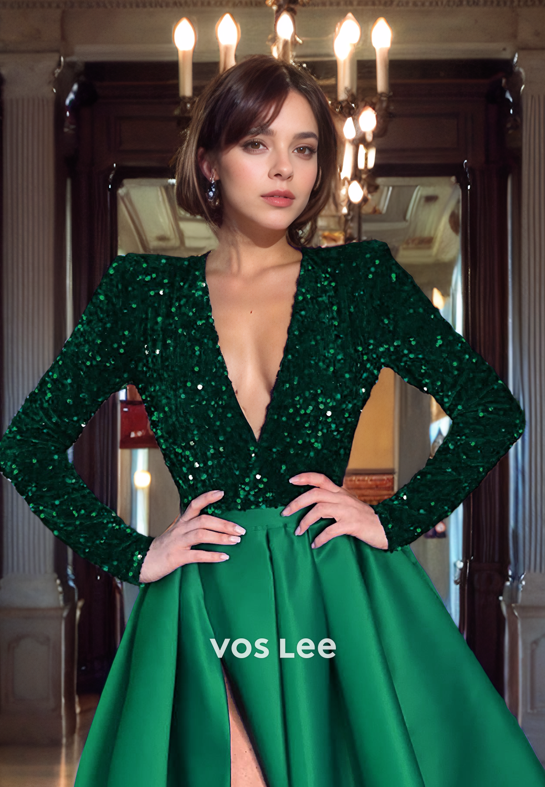 A-Line Low-V-Neck Sequin Top Floor-Length Satin Prom Dress with High Slit