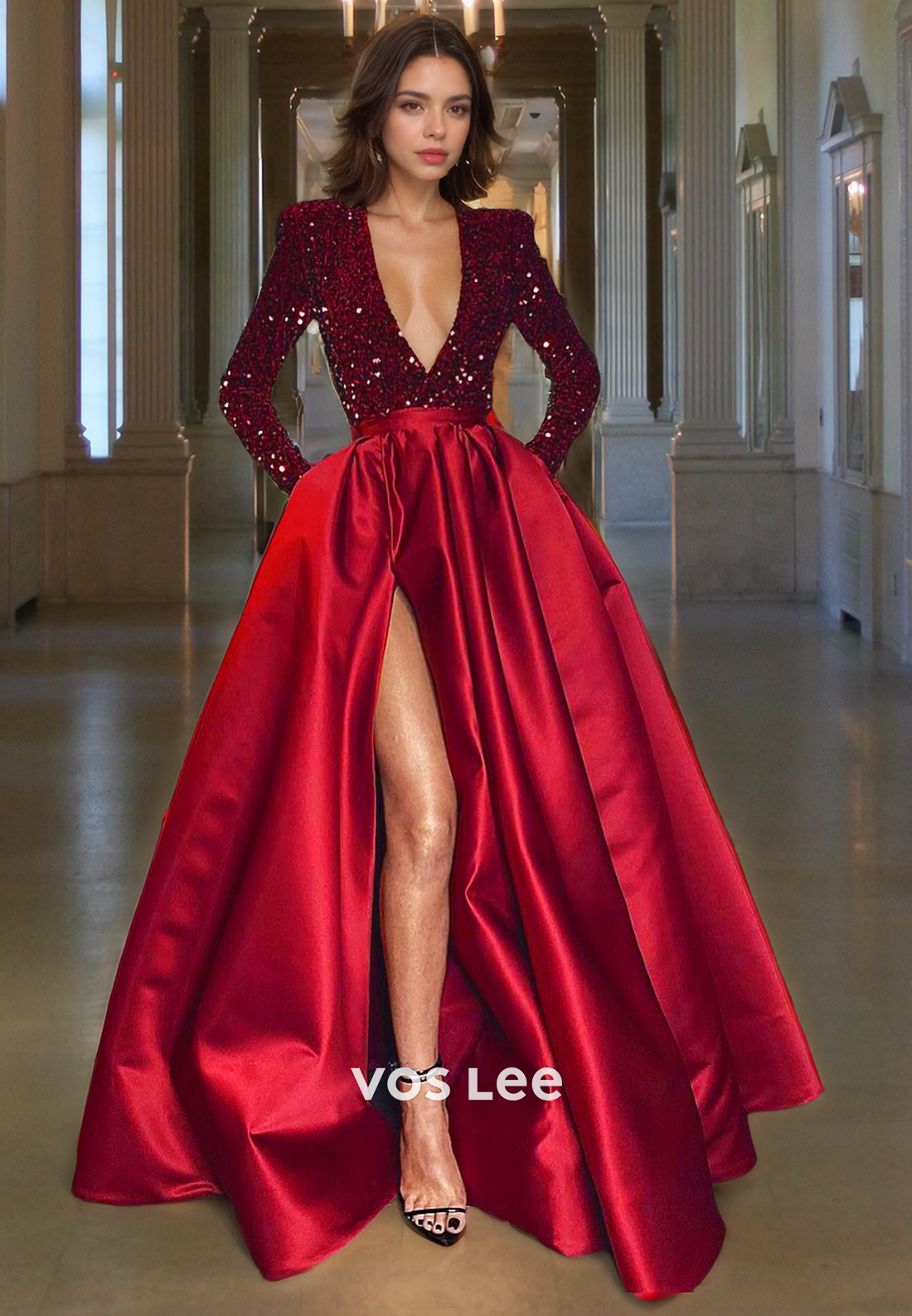 A-Line Low-V-Neck Sequin Top Floor-Length Satin Prom Dress with High Slit