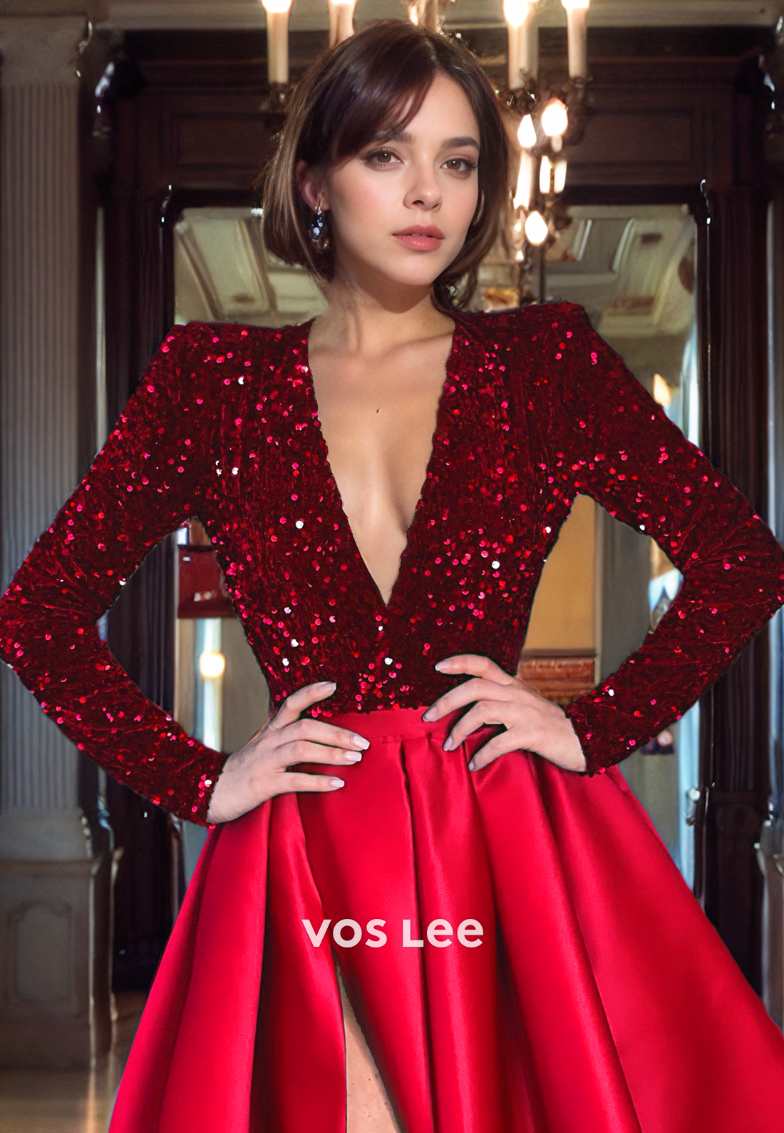 A-Line Low-V-Neck Sequin Top Floor-Length Satin Prom Dress with High Slit