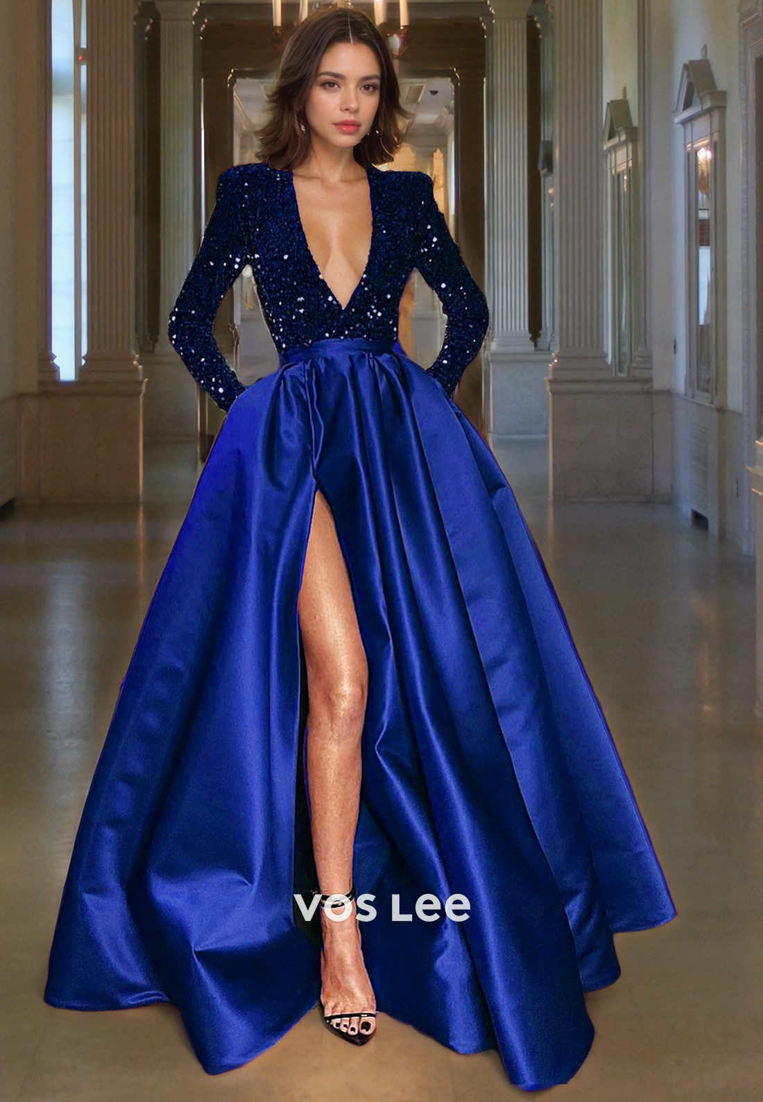 A-Line Low-V-Neck Sequin Top Floor-Length Satin Prom Dress with High Slit