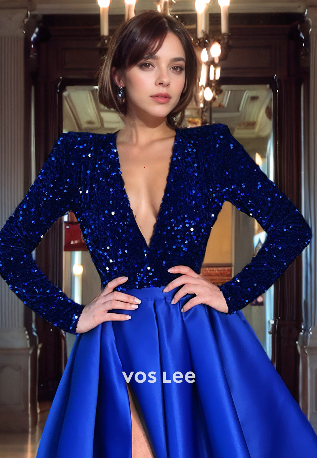 A-Line Low-V-Neck Sequin Top Floor-Length Satin Prom Dress with High Slit
