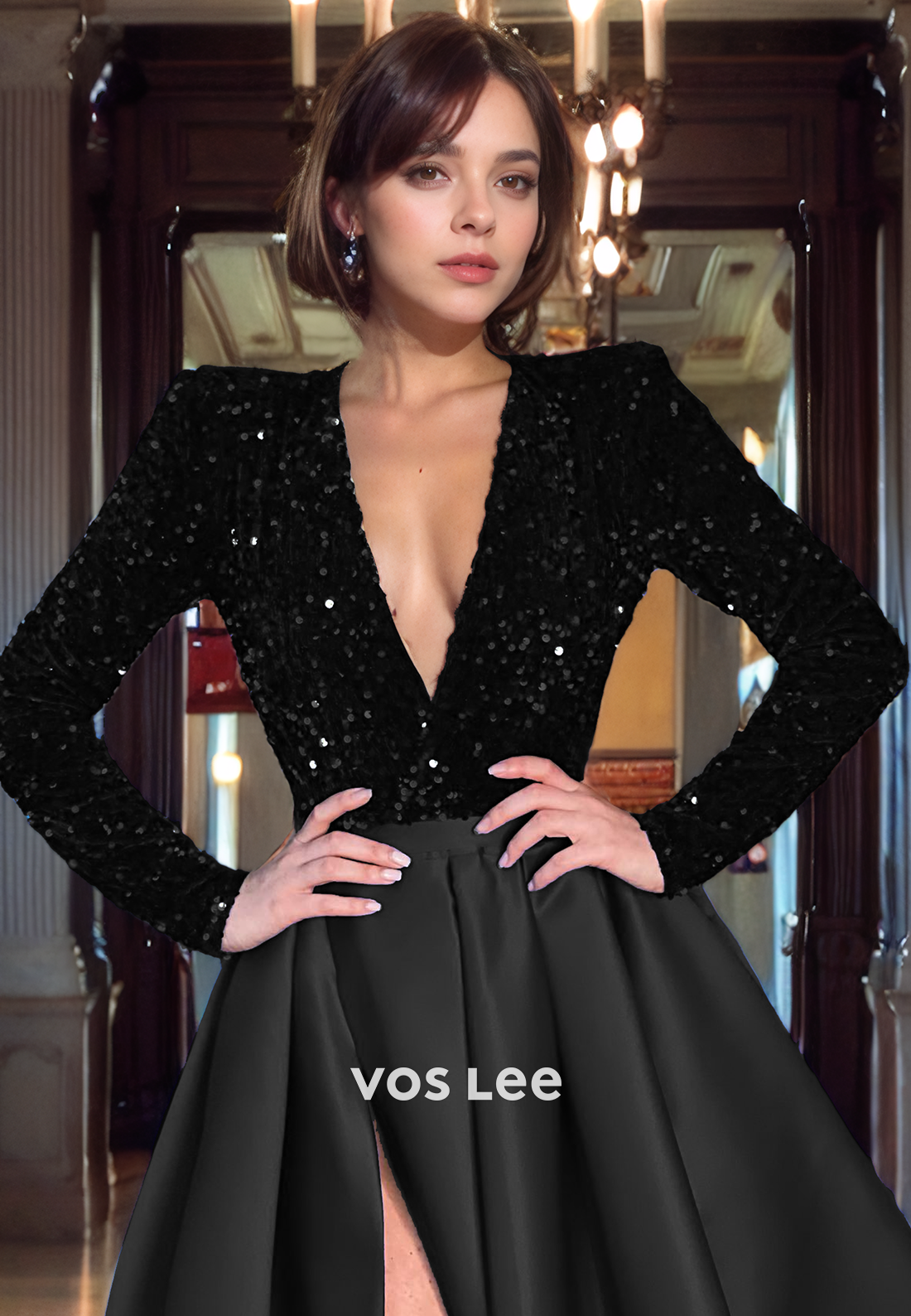 A-Line Low-V-Neck Sequin Top Floor-Length Satin Prom Dress with High Slit