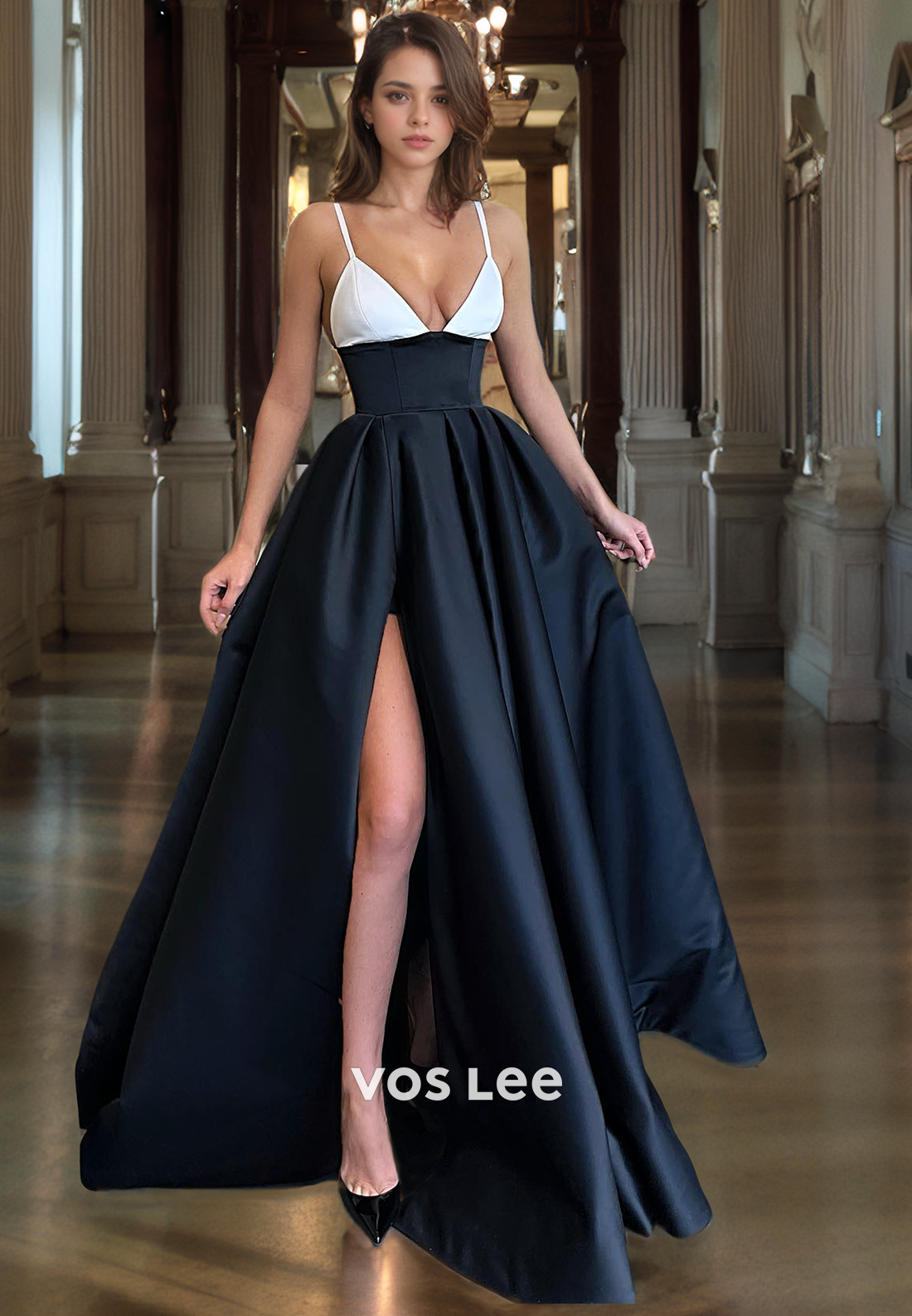 A-Line Low-V-Neck Floor-Length Satin Prom Dress with High Slit and Pockets