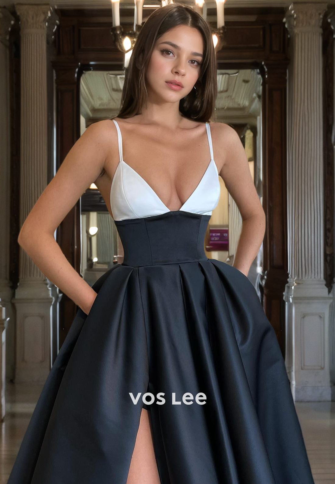 A-Line Low-V-Neck Floor-Length Satin Prom Dress with High Slit and Pockets