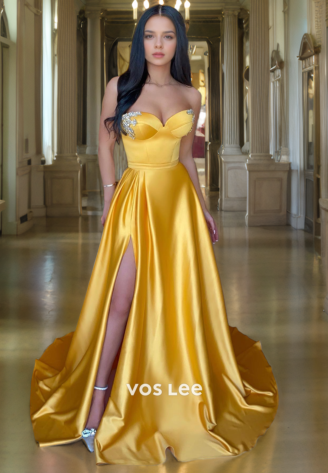 A-Line Sweetheart Strapless Court Train Satin Prom Dress with High Slit