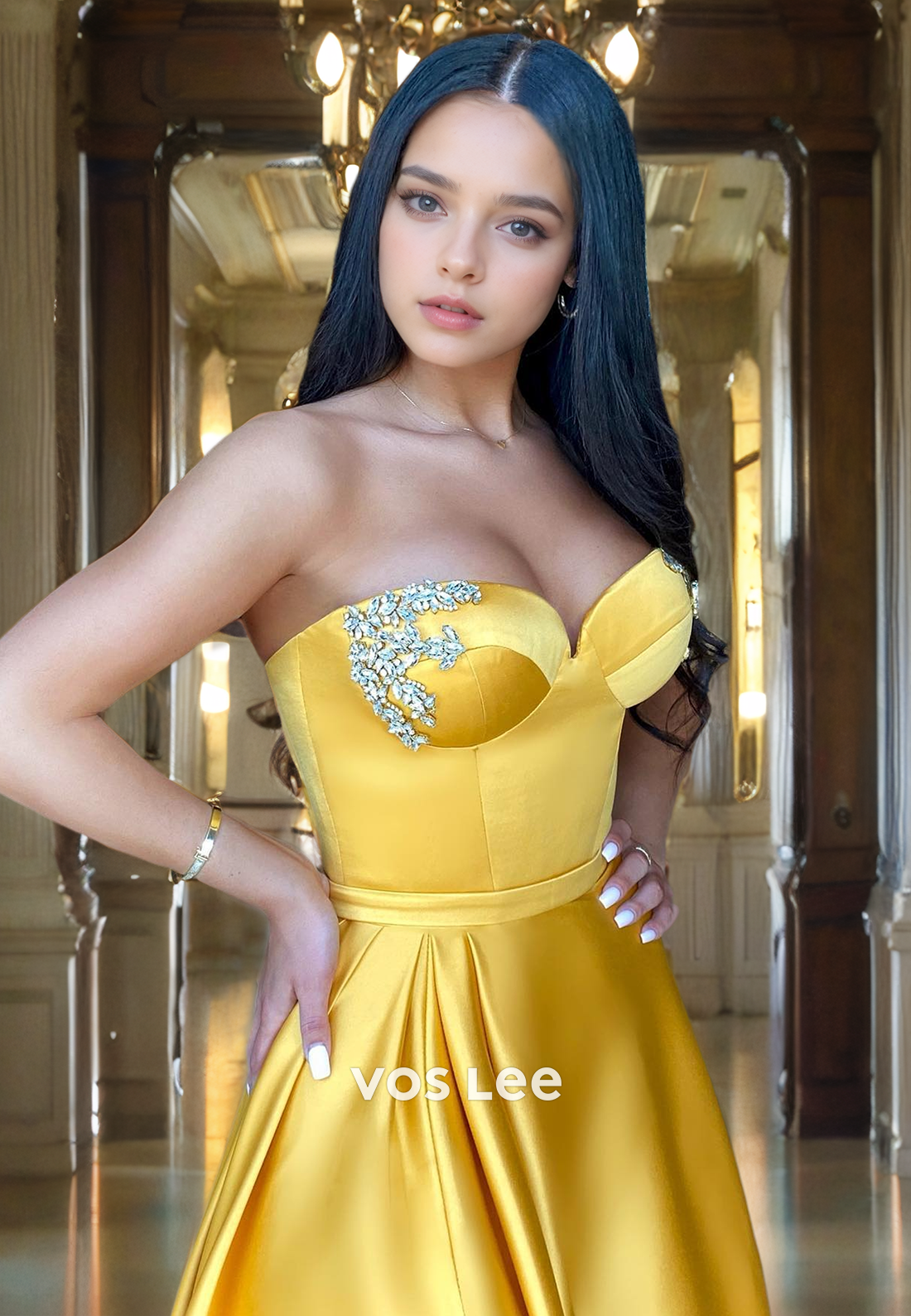 A-Line Sweetheart Strapless Court Train Satin Prom Dress with High Slit