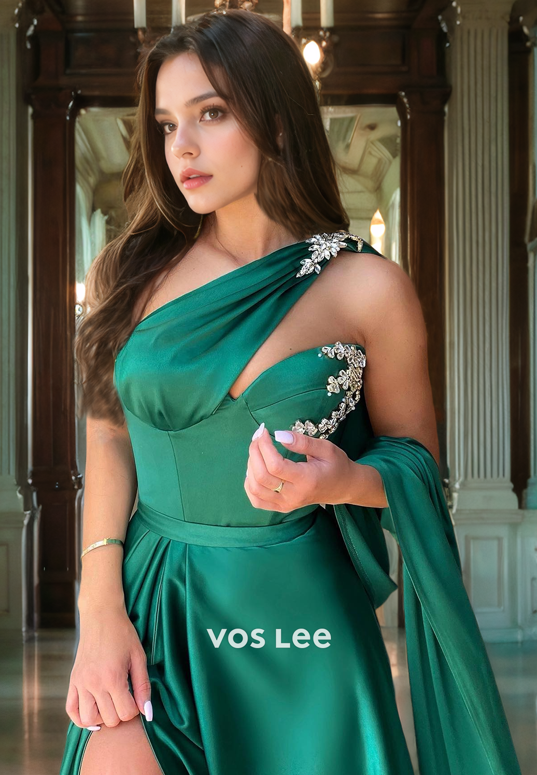 A-Line One Shoulder Beaded Satin Prom Dress with High Slit