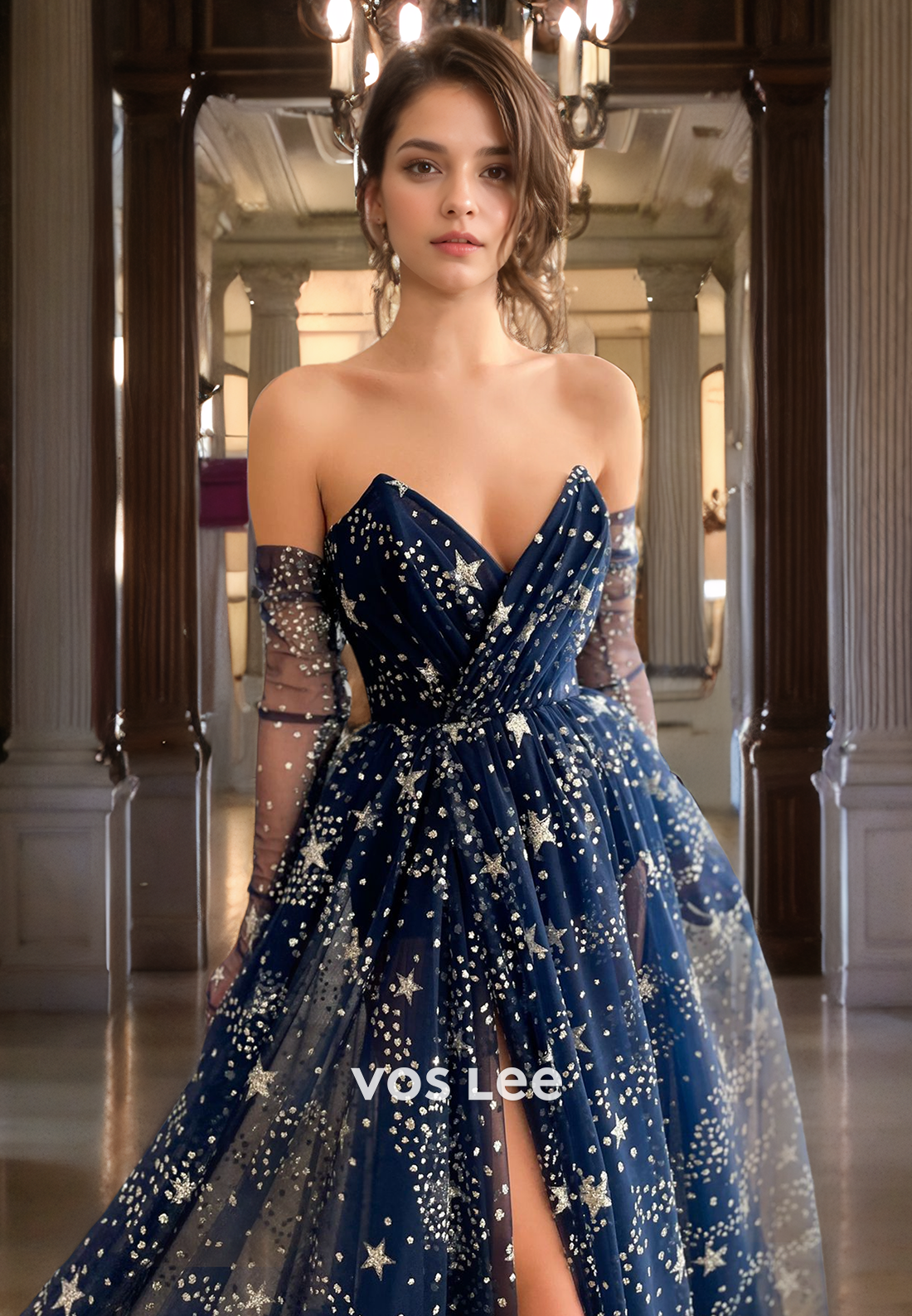 Classy Sparkle A-Line Star Applique Tulle Formal Evening Dress V-Neck Stapless Long Prom Dress