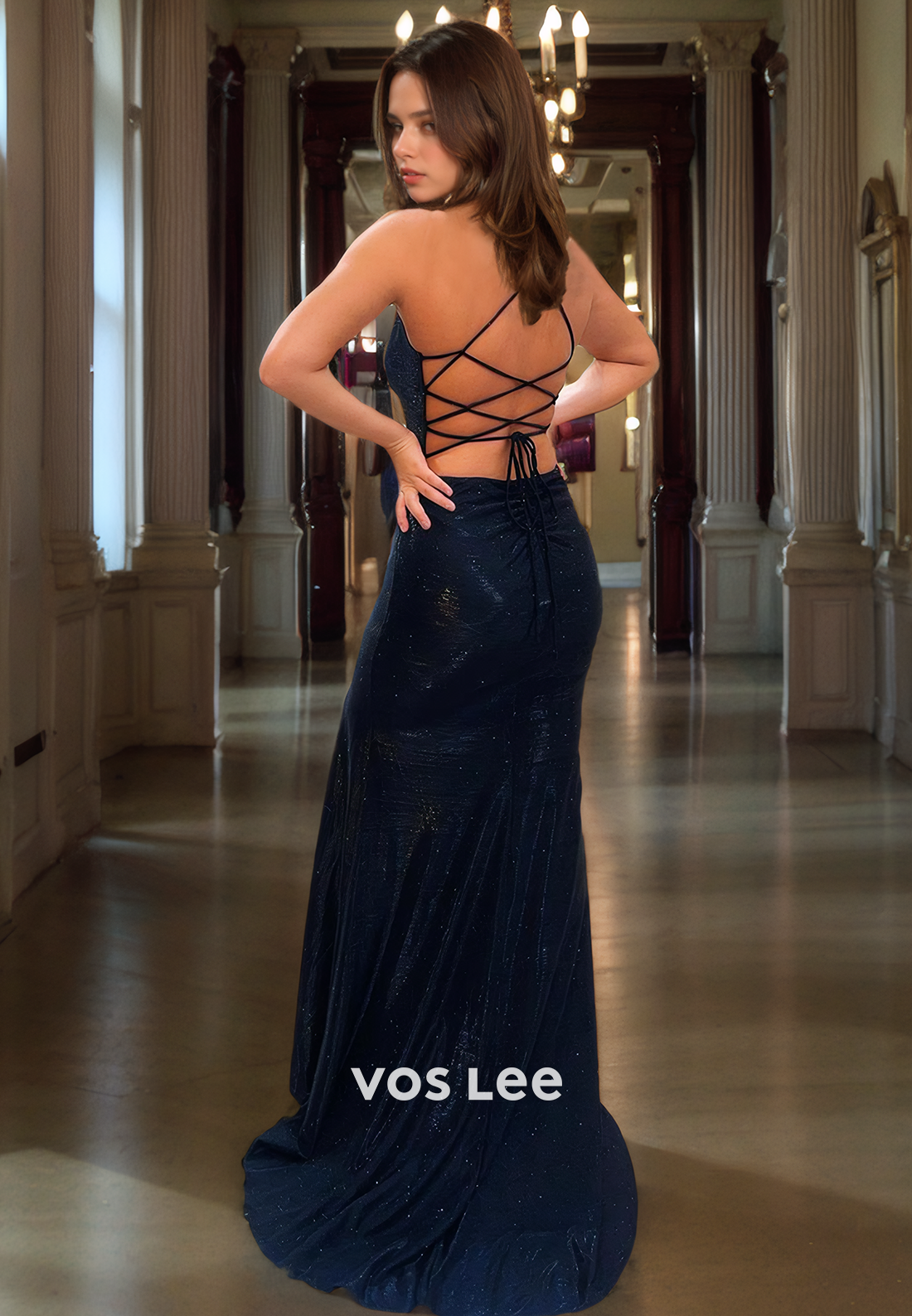 Classy Sparkly Black/Blue Long Formal Evening Dress Sheath/Column Spaghetti Straps V Neck Prom Dress with Slit