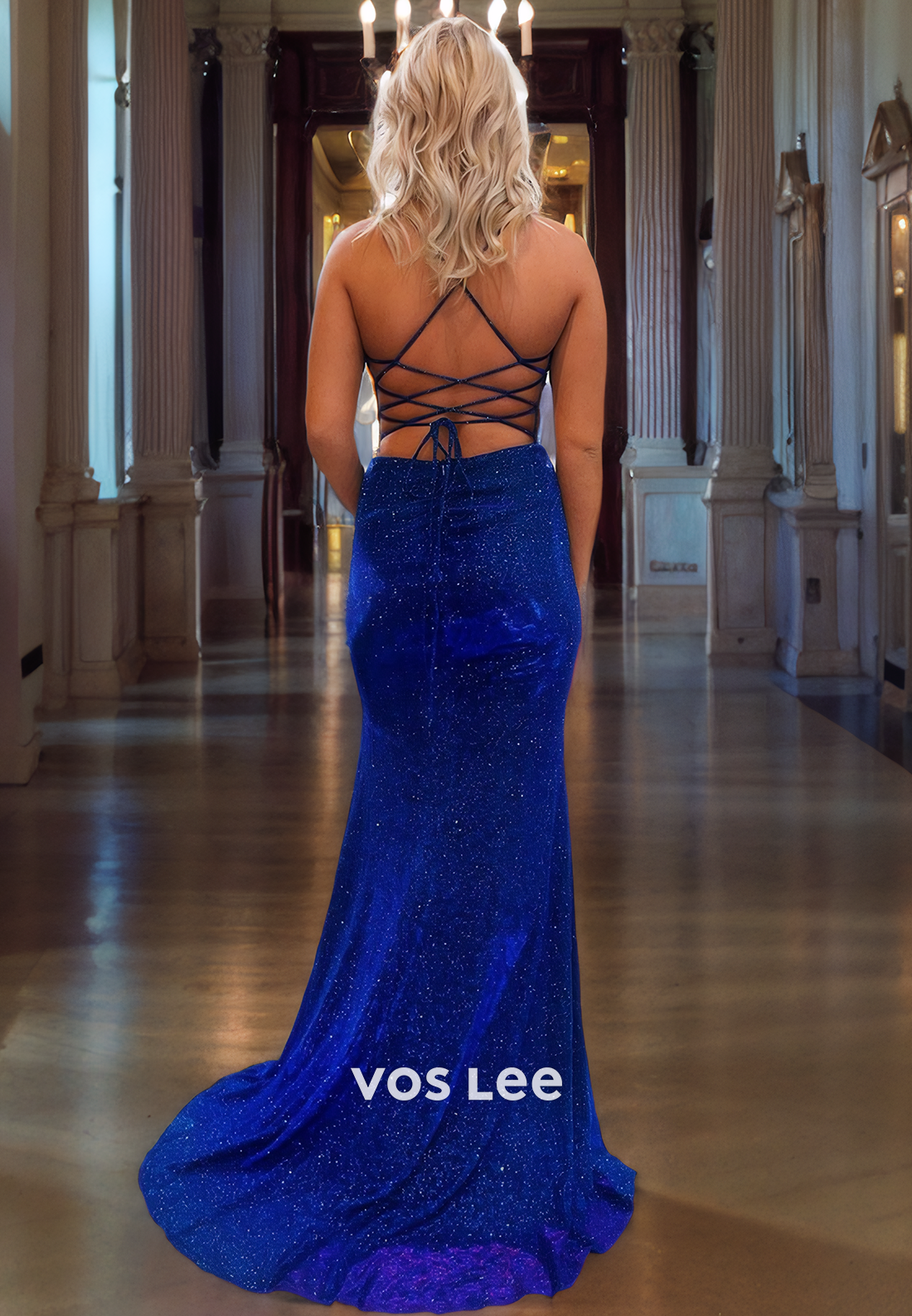 Classy Sparkly Black/Blue Long Formal Evening Dress Sheath/Column Spaghetti Straps V Neck Prom Dress with Slit
