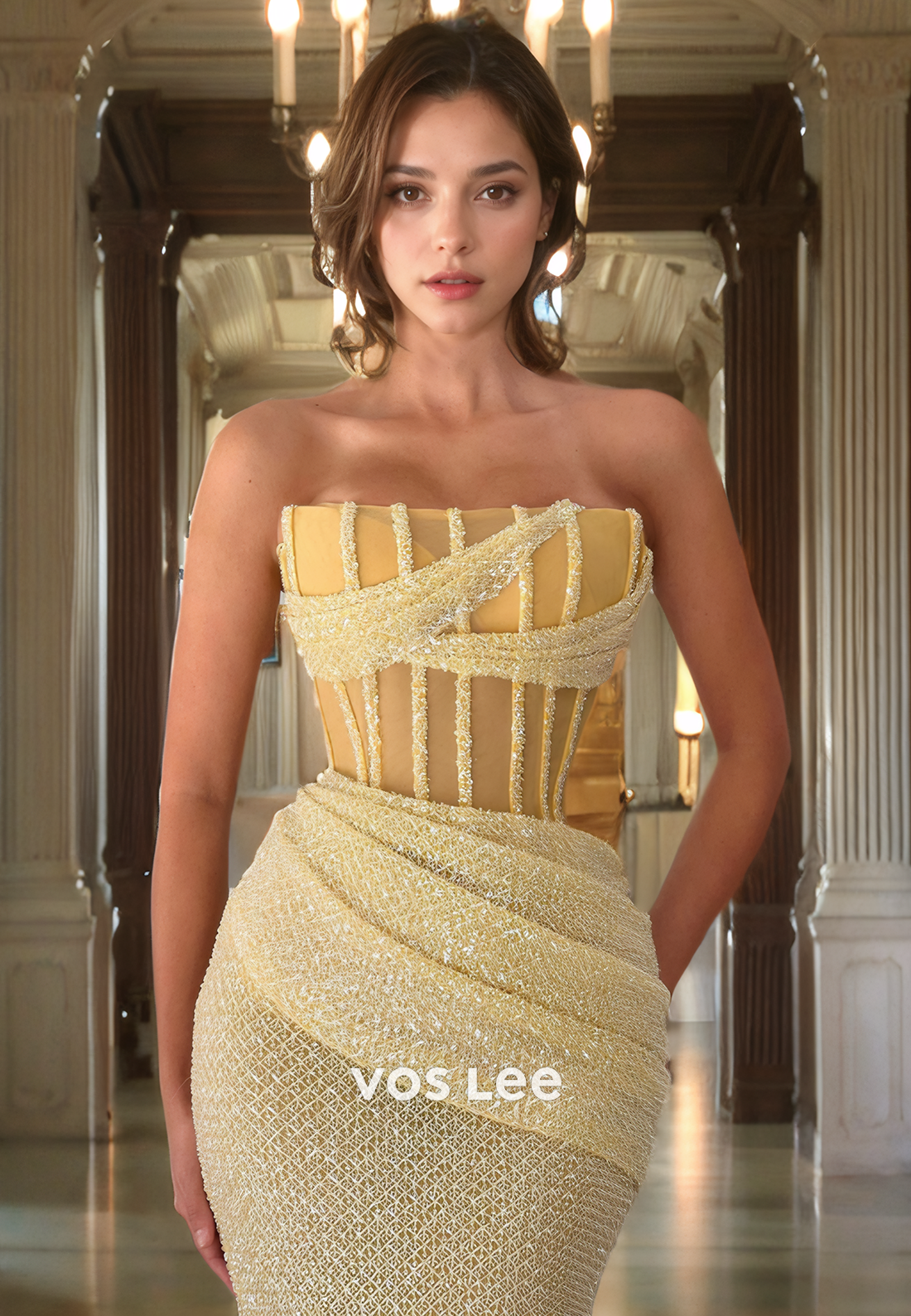 Elegant Yellow Lace Strapless Formal Evening Dress Trumpet/Mermaid Long Prom Dress