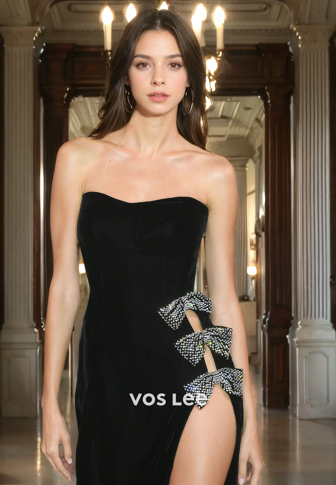 Black Evening Dress elegant Sheath/Column High Slit Strapless Prom Dress with Bows