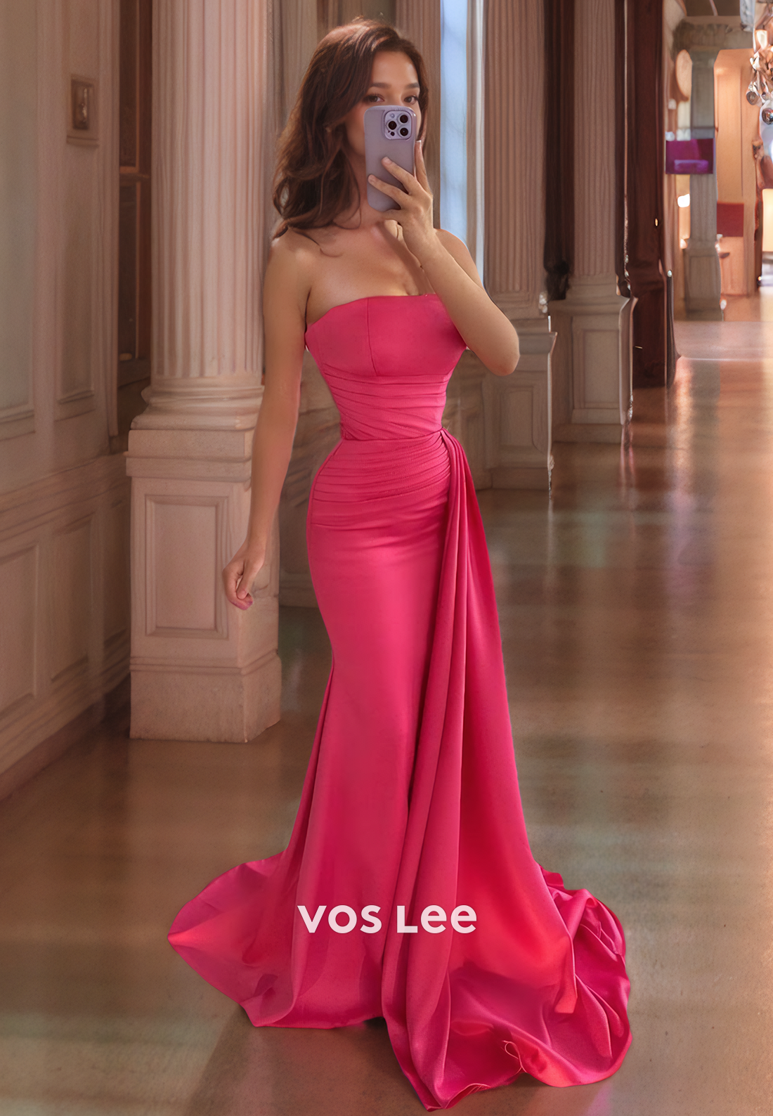 Trumpet/Mermaid Pink Strapless Pleated Satin Long Formal Prom Party Dress