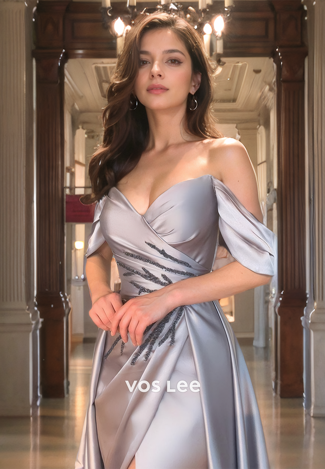 V-Neck Formal Party Dress with Slit Beaded Ruched Satin Long Off Shoulder Prom Dress